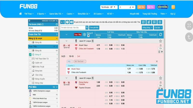 Cá cược bóng rổ tại Fun88 với tỷ lệ ăn cao