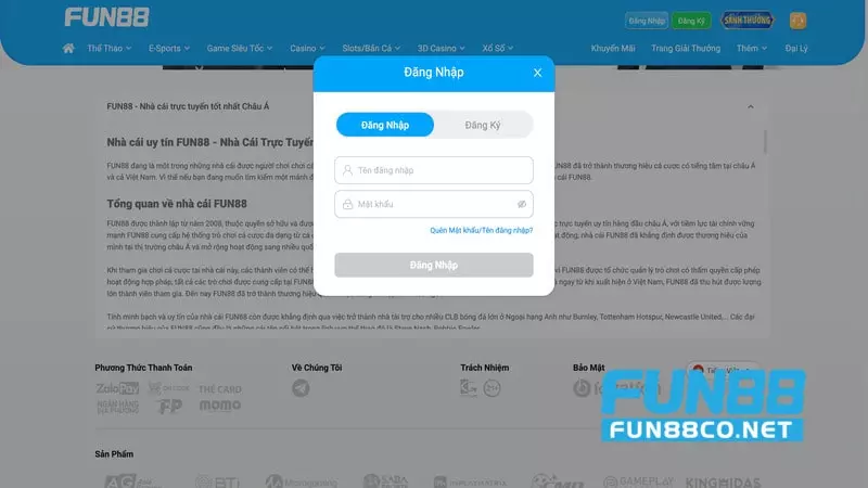 Điền đầy đủ thông tin đăng nhập Fun88