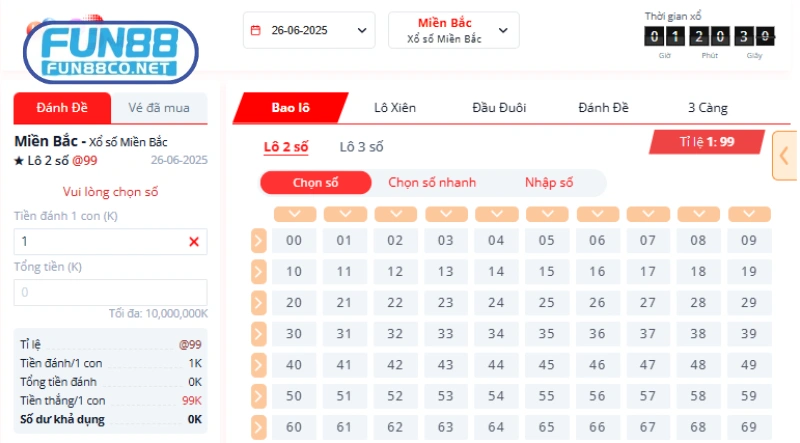 Đặt cược tiền, chọn hình thức lô và số muốn chơi